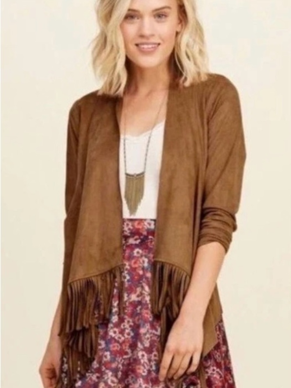 Hollister Brown Fringe Open-Front boho Cardigan